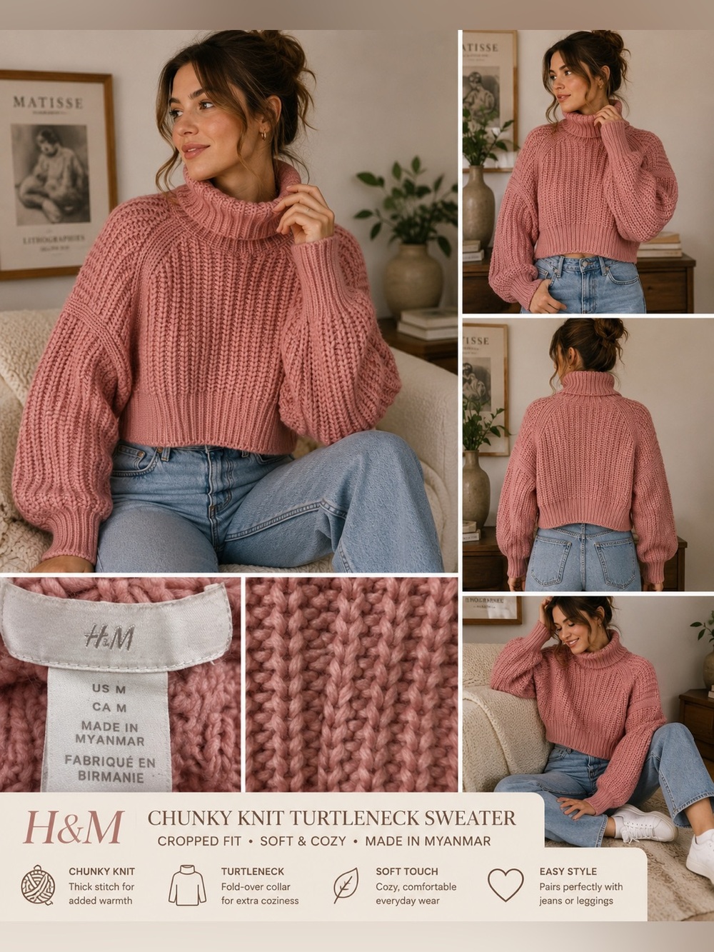 H&M Chunky Knit Mock Neck Sweater Dusty Rose Balloon Sleeve Medium Wool Blend B